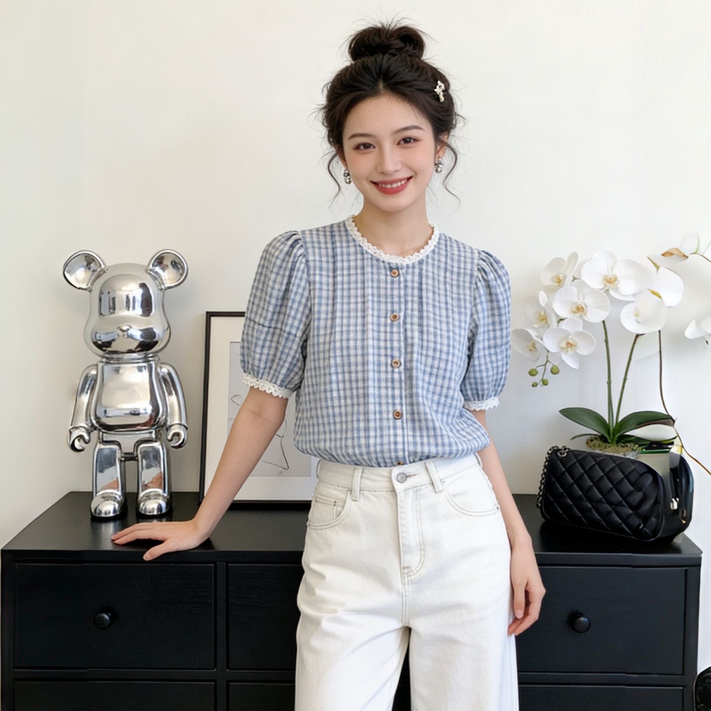 신선함 연령 감소 블루 화이트 체크무늬 작은 셔츠 여성 여름 한 부서 레이스 레이스 허리 수축 슬림해 보이는 부드러운 품격 다용도 맨위