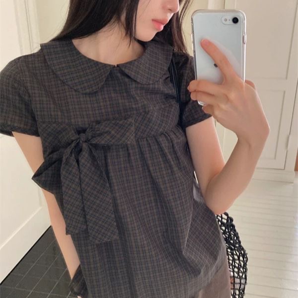한 부서 달콤함 나비 매듭 베이비 칼라 반팔 셔츠 2026 여름 새로운 루즈핏 슬림해 보이는 품격 맨위 트렌디