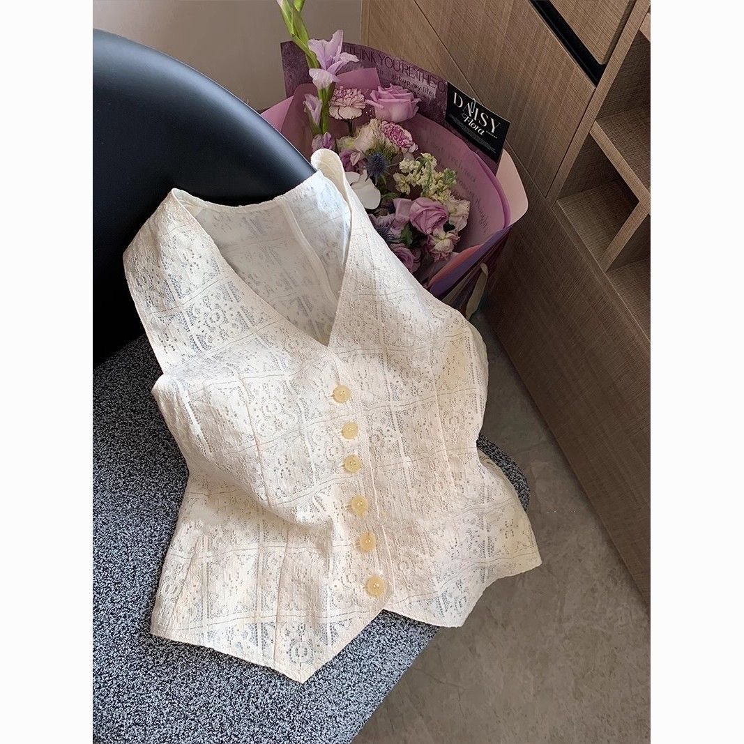 한 부서 낭만주의 디자인 센스 홀로우 아웃 자수 꽃 여성 셔츠 여름 Chic V넥 레이스 얇은 스타일 통기성 맨위