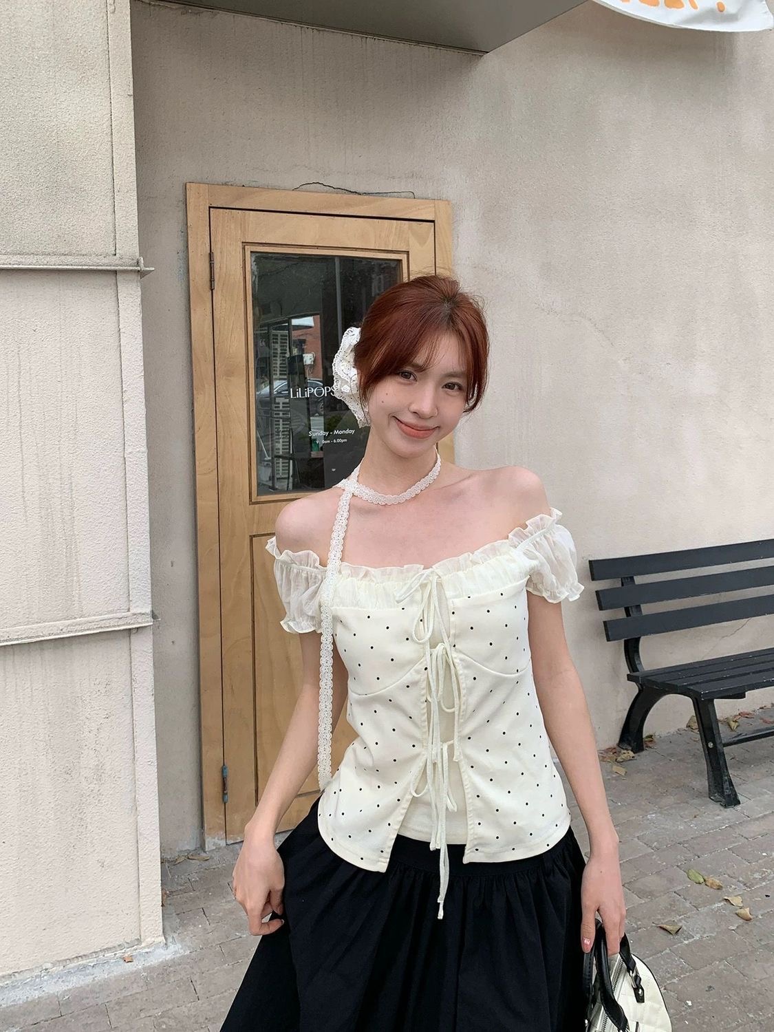 한 부서 거품 소매 도트 무늬 반팔 여성 여름 착용 가져 가라. 레이스 긍정적 인 어깨 티셔츠 몸매 가꾸기 슬림해 보이는 달콤함 부드러운 맨위