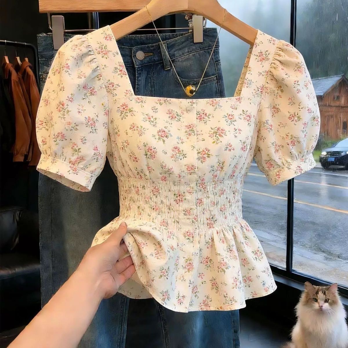 프랑스식 달콤한 스타일 광장 칼라 거품 소매 꽃무늬 여성 셔츠 여름 새로운 지방 mm 슈퍼 잘 생긴 고유 한 아름다운 맨위