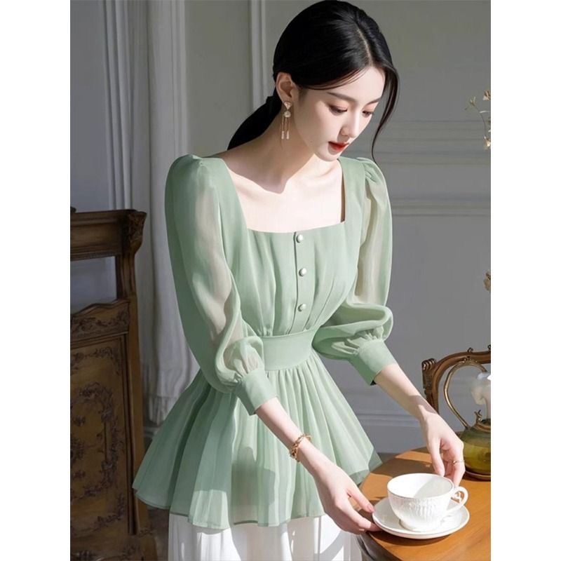 프랑스식 우아함 품격 광장 칼라 패치워크 나팔 소매 여성 셔츠 빛 요리 한 바람 몸매 가꾸기 슬림해 보이는 연령 감소 얇은 스타일 쉬폰 블라우스