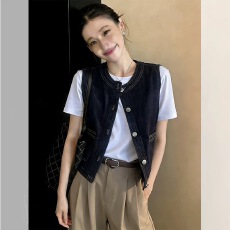 批发韩版<b class='q'>百搭</b>气质复古无袖牛仔马甲女夏季叠穿坎肩外搭显瘦短款上衣潮