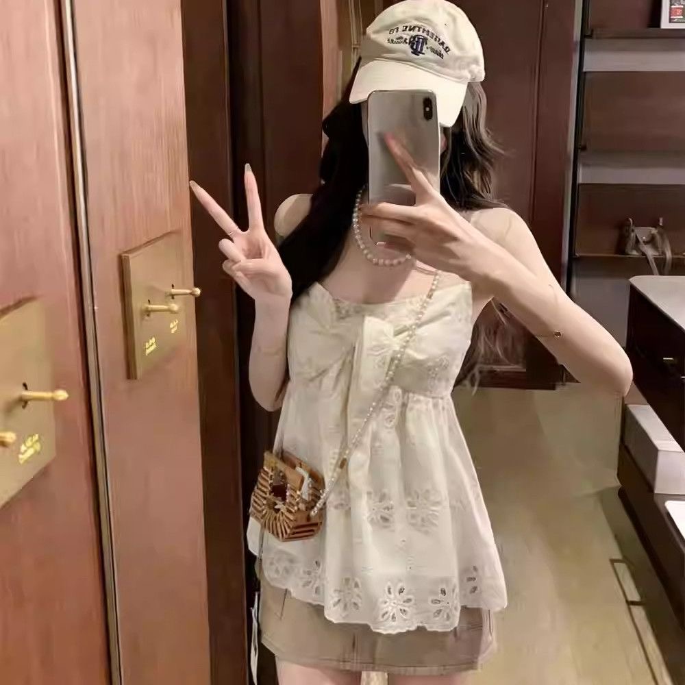파란색 나비 매듭 홀로우 아웃 자카드 캐미솔 여름 품격 몸매 가꾸기 만나는 핫걸 작은 대중 외출용 맨위