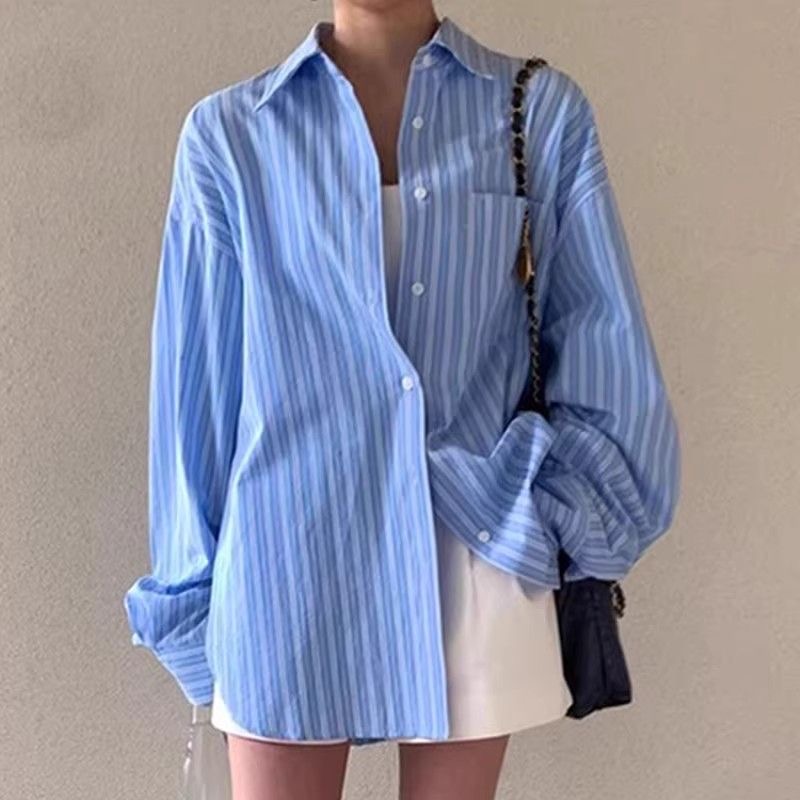 한국 chic 봄 클래식 레트로 폴로 칼라 싱글 줄 버튼 루즈핏 캐주얼 다용도 주머니 긴팔 스트라이프 여성 셔츠