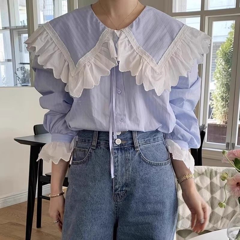 한국 chic 이른 가을 달콤함 연령 감소 레이스 해군 칼라 루즈핏 다용도 레이스업 긴팔 스트라이프 셔츠 맨위 여성