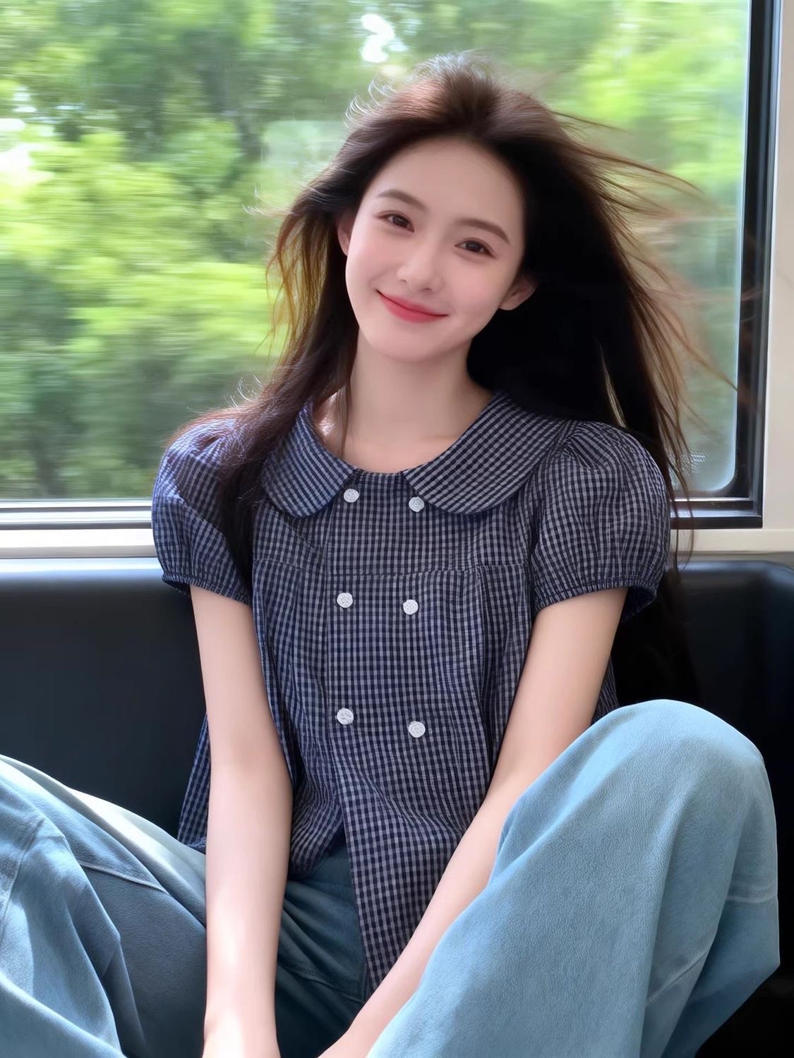 2026 한 부서 출퇴근 바람 파란색 체크무늬 반팔 여름 섹션 베이비 칼라 거품 소매 디자인 루즈핏 표지 고기 맨위 여성