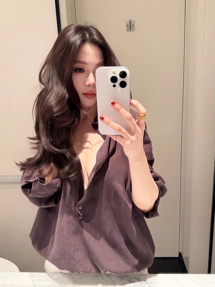 만족하다 출퇴근 와 데이트 ~ 중 셔츠 느긋한 바람 반 개방 칼라 디자인 센스 긴팔 맨위 여성 풀오버 셔츠 트렌디