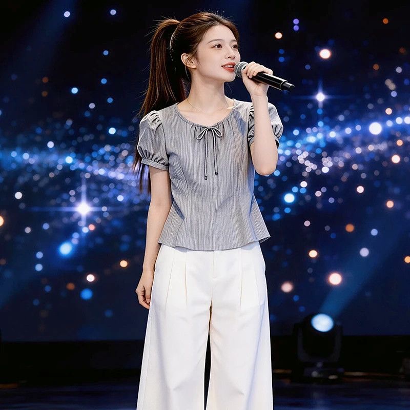 한 부서 나비 넥타이 긍정적 인 어깨 반팔 티셔츠 여자 2026 여름 새로운 디자인 센스 프랑스식 숙녀 맨위