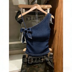 批发夏季短款牛仔吊带斜肩<b class='q'>设计</b>背心蝴蝶结法式小个子无袖爆款修身上衣