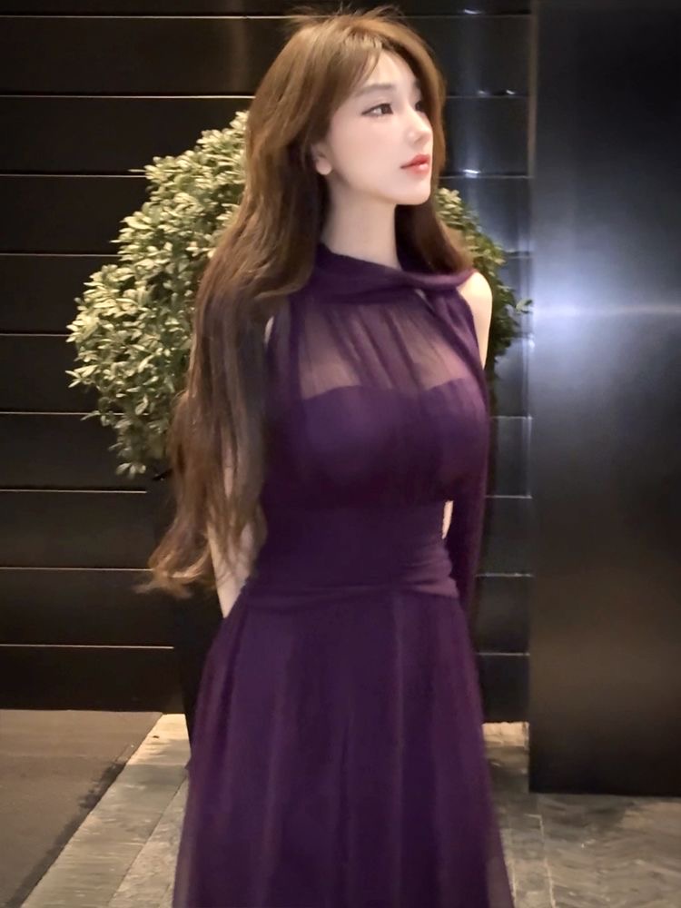 프랑스식 보라색 리본 쉬폰 민소매 여성 드레스 2026 여름 새로운 품격 허리 수축 로얄 자매 행침 목 롱 스커트