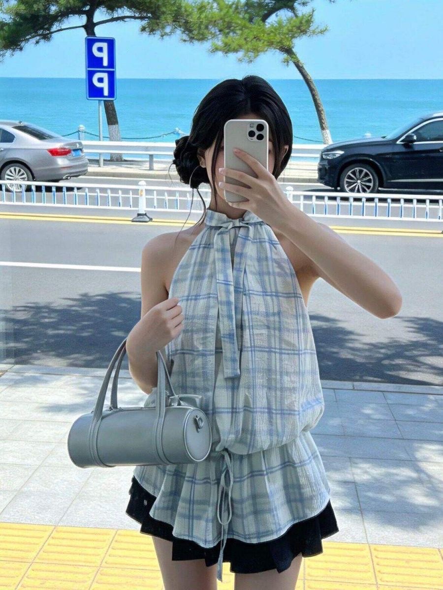 한 부서 핫걸 체크무늬 배색 행침 목 여성 드레스 여름 소녀 센스 허리 수축 레이스업 프릴 민소매 미니 스커트