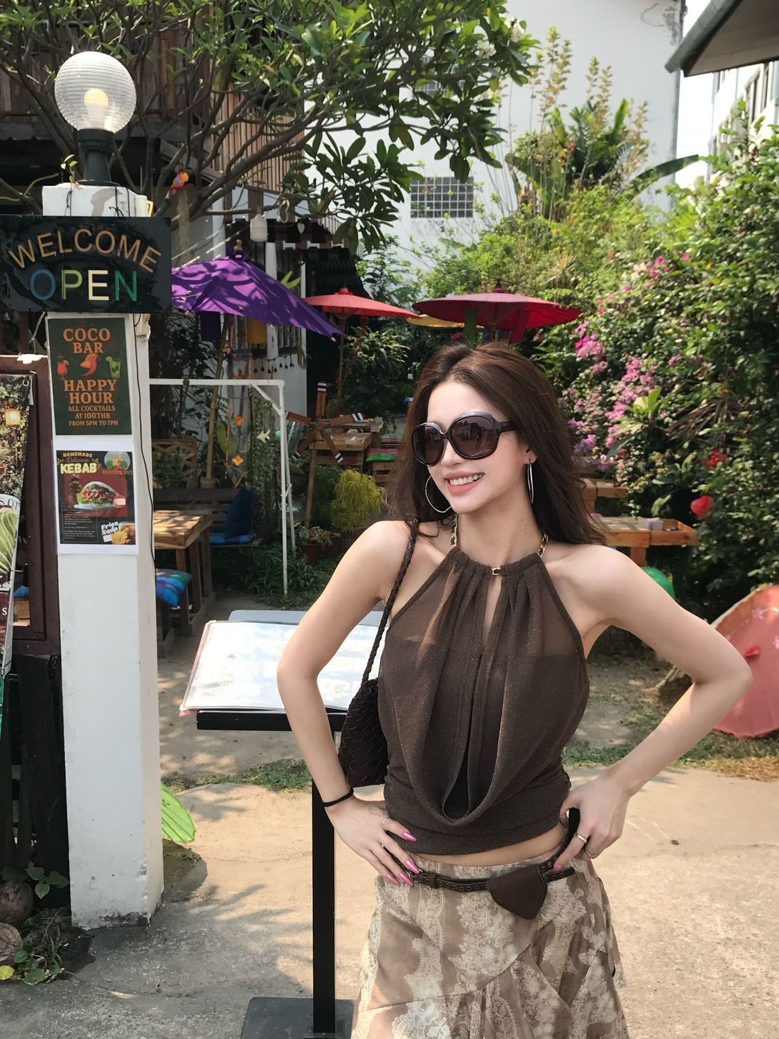 원본 한국 실버 라인 천 커피 색상 가죽 체인 흔들다 칼라 행침 목 조끼 여성 여름