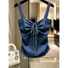 批发法式褶皱系带<b class='q'>设计</b>牛仔吊带背心女夏季新款性感无袖修身显瘦短上衣