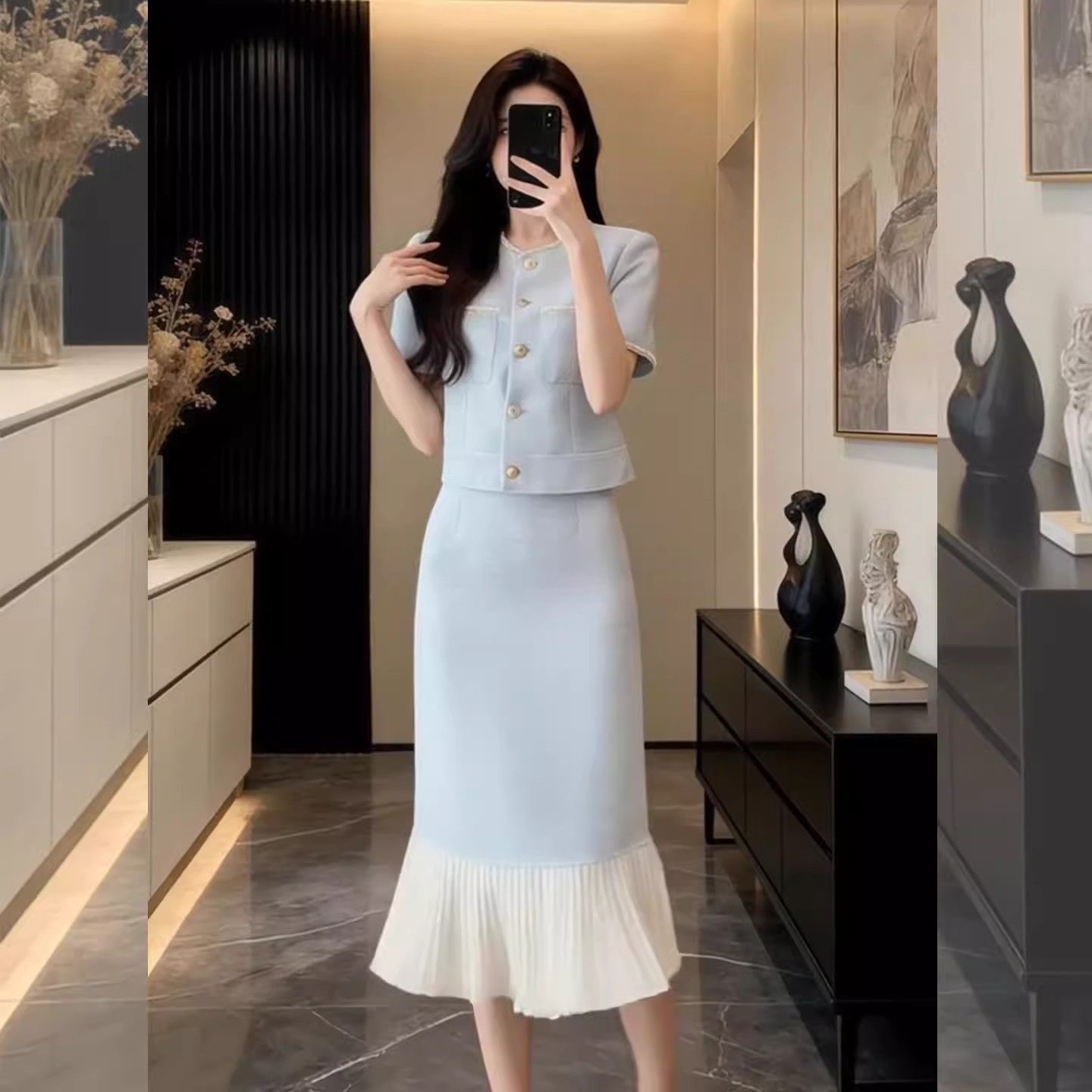 프랑스식 작은 샤넬 스타일 세트 드레스 여성 여름 새로운 명문 여성 바람 파란색 반팔 맨위 플리츠 반신 스커트 투피스 세트