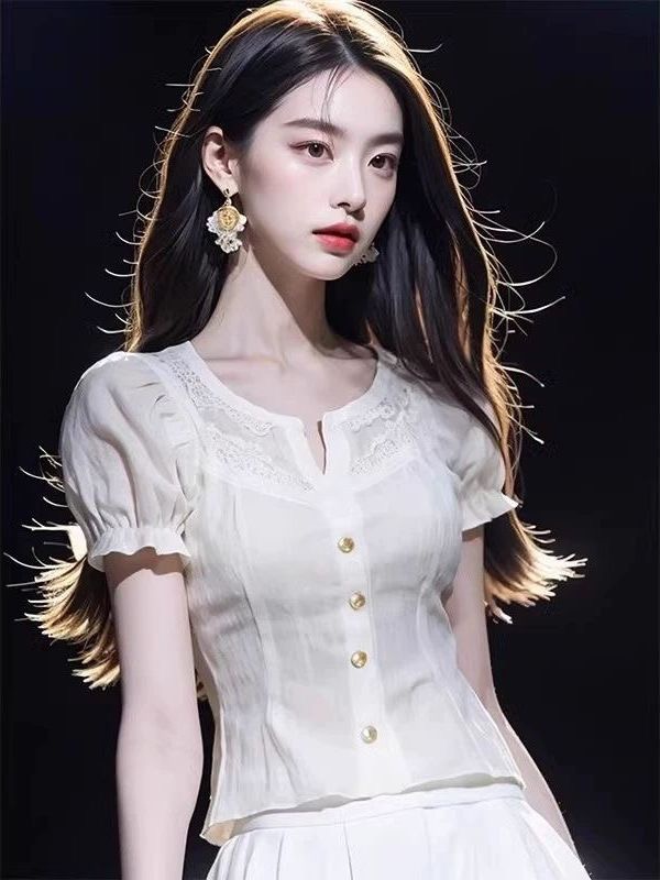 한 부서 착용 가져 가라. 아름다운 작은 셔츠 빛 럭셔리 고급 센스 요정 가스 펄럭 이는 프랑스식 아름다운 화이트 반팔 맨위 여성 여름