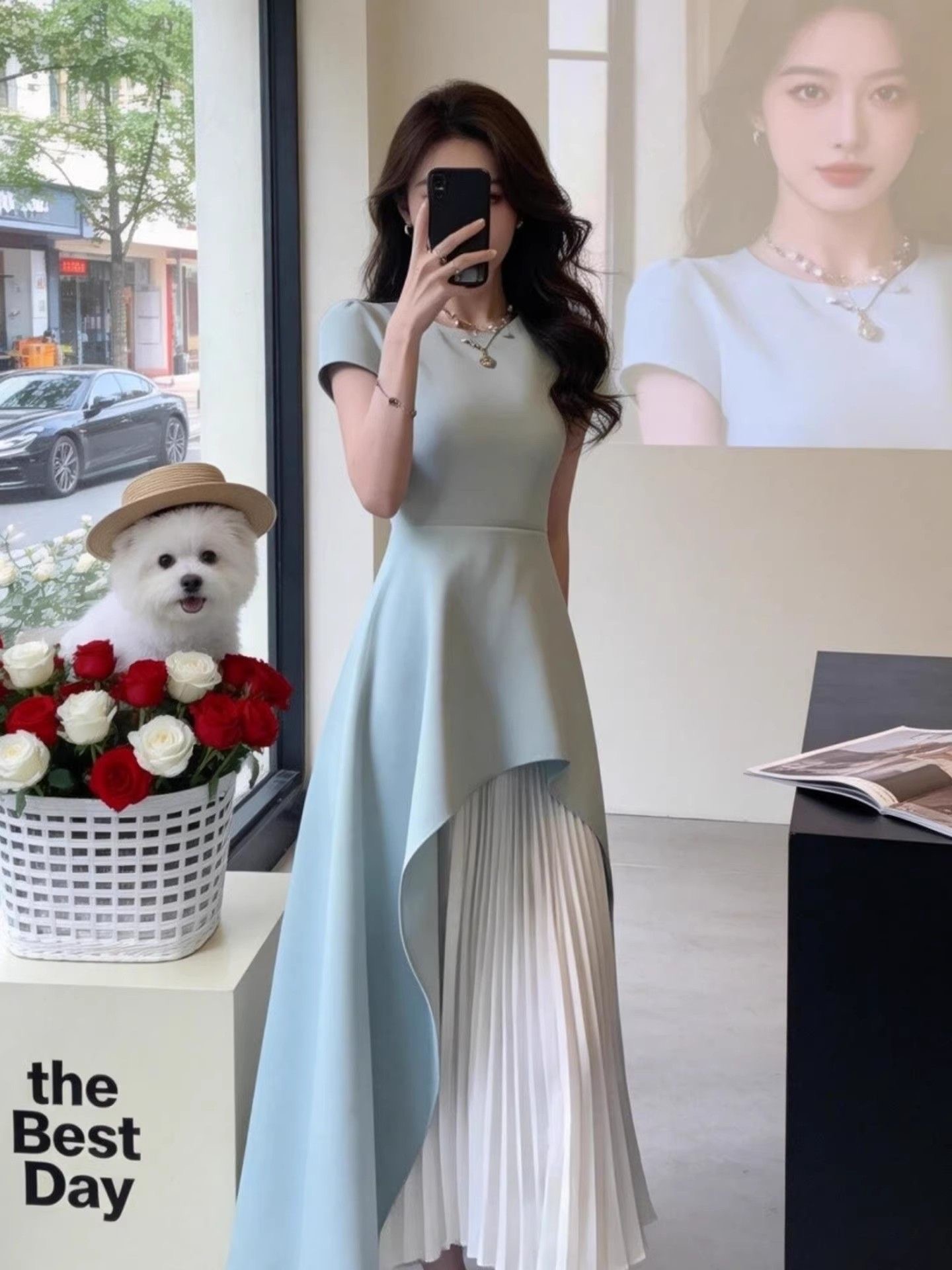 빛 럭셔리 바람 페이크 레이어드 패치워크 여성 드레스 2026 여름 새로운 디자인 센스 불규칙 품격 허리 수축 롱 스커트
