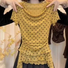批发韩版气质波点荡领不规则荷叶边拼接短袖t恤女2026夏季新款上衣ins