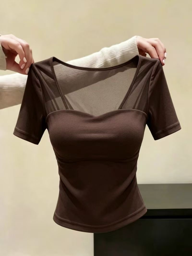프랑스식 빛 요리 한 바람 화이트 망사 패치워크 시스루 반팔 티셔츠 여성 여름 새로운 레트로 아름다운 섹시함 맨위