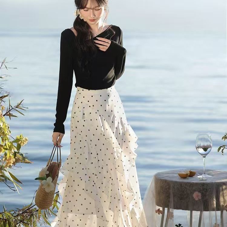 고급 프릴 도트 무늬 반신 스커트 불규칙 디자인 여름 패션 허리 디스플레이 프랑스식 롱 스커트 치마