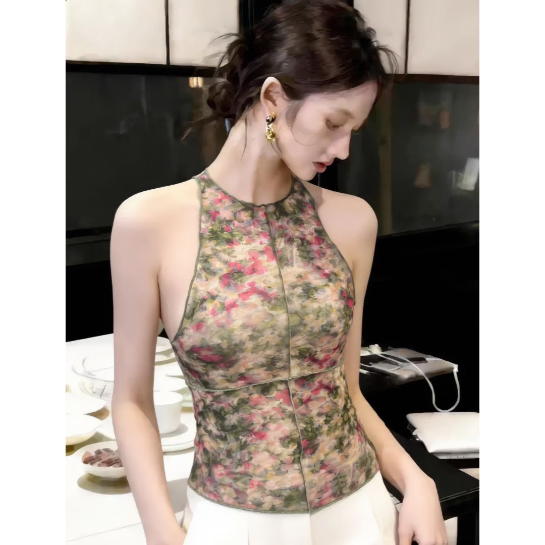 유화 꽃무늬 행침 목 망사 슬립 여성 여름 새로운 몸매 가꾸기 슬림해 보이는 핫걸 순수한 욕망 오프숄더 뒤로 심장 안에 잡아라. 의류