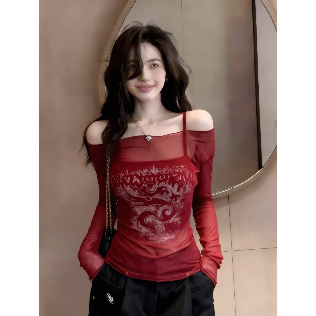 아메리칸 핫걸 섹시함 한 단어 긴팔 티셔츠 여성 여름 인사이드 가져 가라. 슬립 망사 자외선 차단 블라우스 투피스 세트 맨위