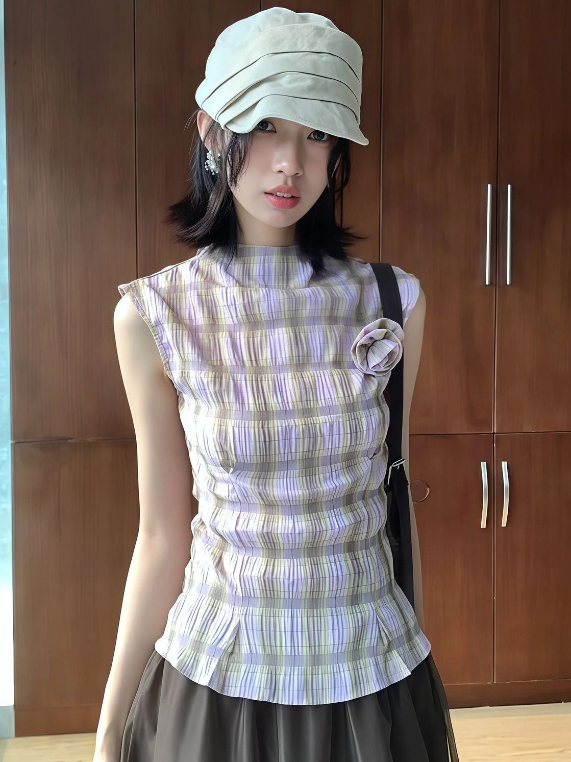 질감 센스 향기로운 芋 체크무늬 디자인 센스 민소매 캐미솔 코디 망사 한 마디 반신 치마 세트 여성 여름