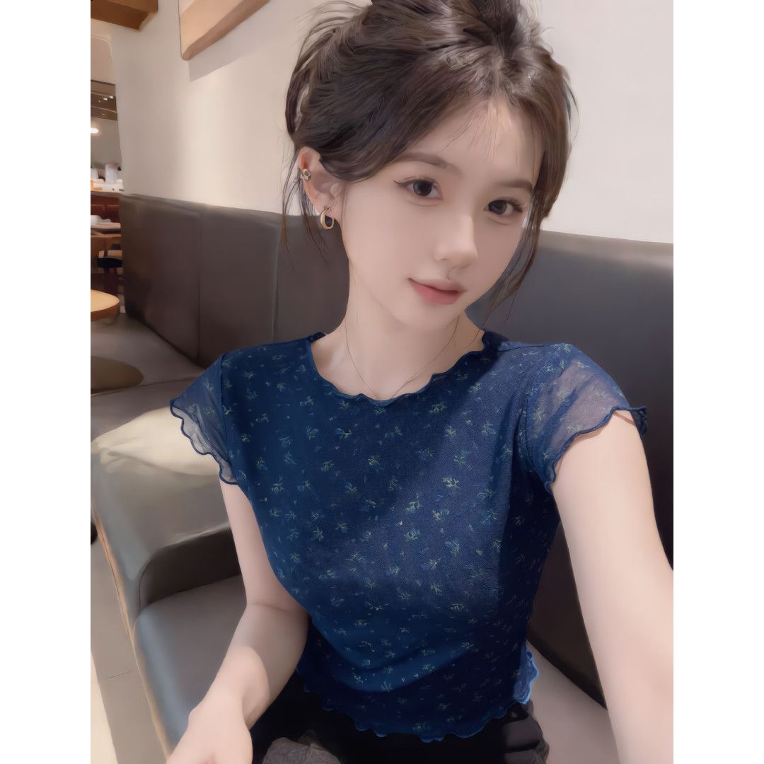 프랑스식 꽃무늬 귀 라운드 넥 반팔 티셔츠 여성 여름 이중층 얇은 스타일 한 부서 몸매 가꾸기 슬림해 보이는 망사 맨위 ins