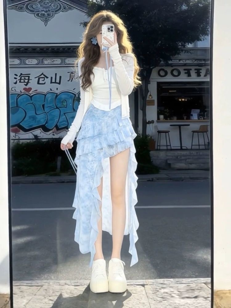 초기 여름 치마 여성 의류 2026 새로운 부드러운 한 부서 달콤한 자매 착용 가져 가라. 파란색 불규칙 롱 스커트