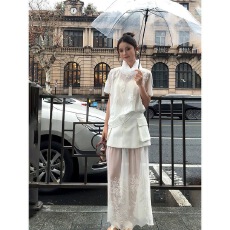 批发爆款夏季时尚休闲百搭蕾丝提花重工T恤上衣+拼接半裙设计感三件套