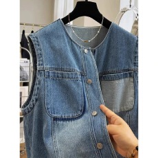 批发韩版时髦洋气撞色口袋叠穿牛仔<b class='q'>马甲</b><b class='q'>男</b>女春秋外搭宽松无袖背心外套