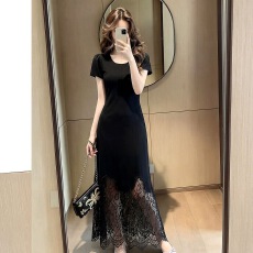 批发时尚蕾丝拼接黑色短袖连衣裙女2026夏季<b class='q'>大码</b>胖mm遮肉显瘦精致长裙