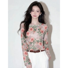 批发韩系外穿印花透视网纱长袖T恤女夏季<b class='q'>打底衫</b>夏季圆领防晒内搭上衣