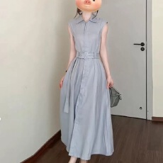 批发蓝色<b class='q'>衬衫</b>连衣裙女2026夏新款法式长裙子巨好看气质小个子显瘦收腰