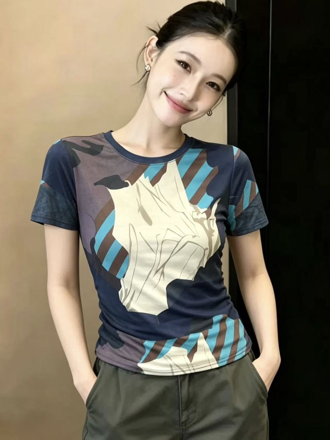 BY26468# 薄款迷彩t恤女夏新款扎染印花百搭设计小众短袖双层网纱上衣 服裝批發女裝批發服飾貨源