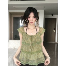 批发夏日度假风绿色荷叶边小飞袖衬衫减龄<b class='q'>蕾丝</b>拼接上衣