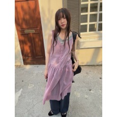 批发韩国东大门设计感小众微透方领单排扣吊带<b class='q'>连衣裙</b>甜美叠穿中长裙女
