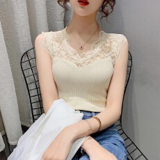 批发夏新款V领<b class='q'>蕾丝</b>拼接套头无袖t恤衫女透视冰丝背心吊带针织<b class='q'>打底衫</b>女