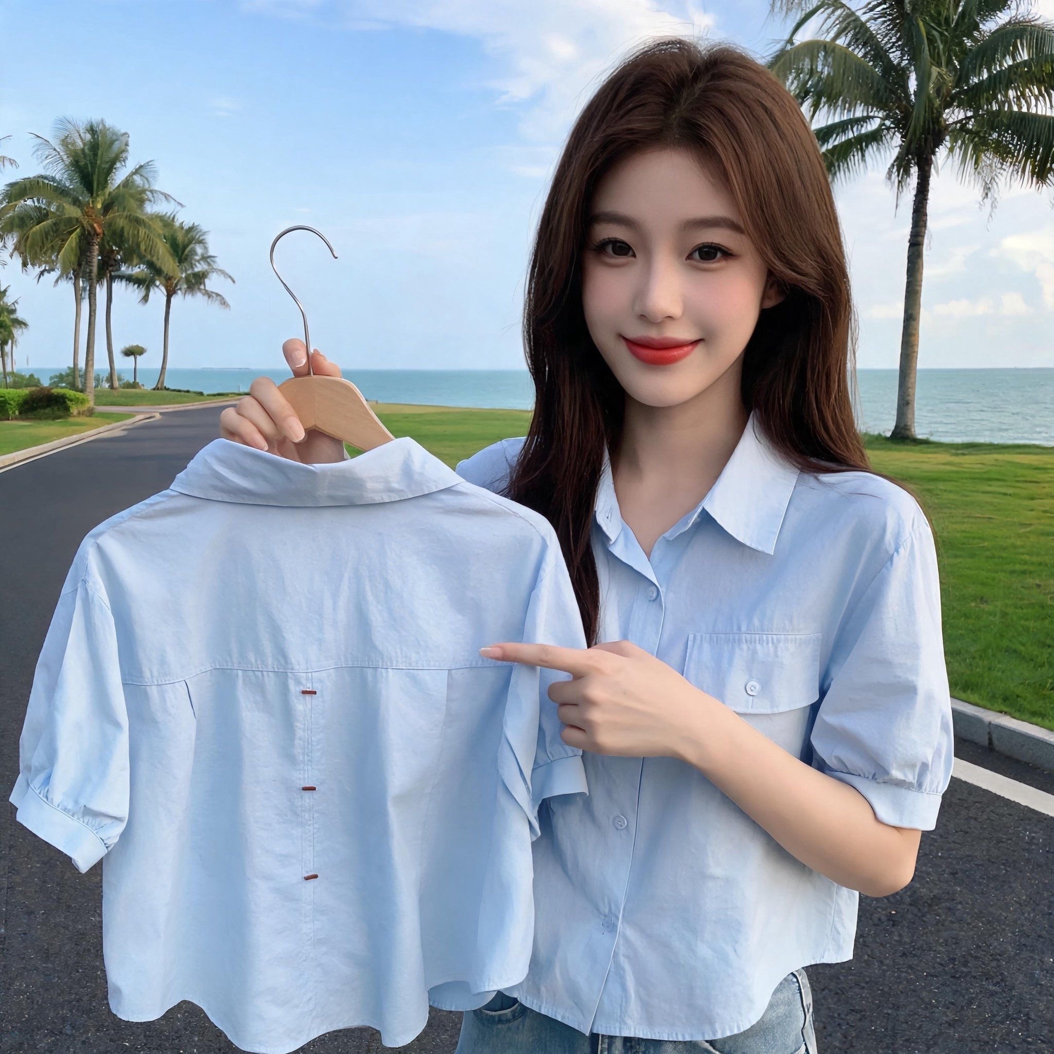 BY29295# 蓝色polo领短袖衬衫女夏季上衣新款开衫透气小个子外穿短款衫  服裝批發女裝批發服飾貨源