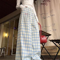 批发韩系蓝白格子拼接设计款阔腿裤女<b class='q'>夏</b>季新款薄款蕾丝花边显瘦休闲裤