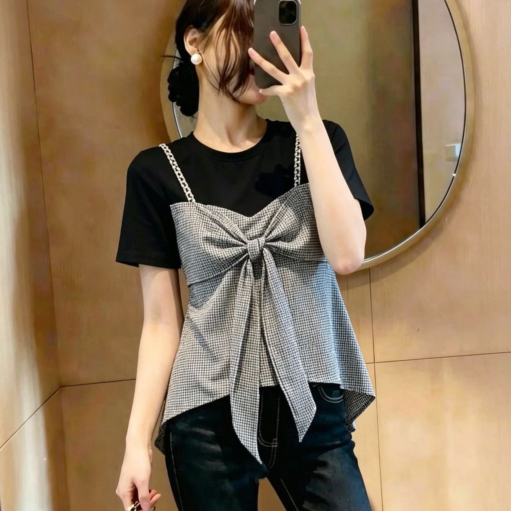 RY7820# 甜美减龄不等式蝴蝶结小衫上衣大码女2026夏季新款假两件百...