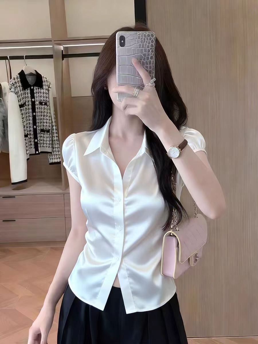 RY7818# 白色泡泡袖polo领缎面衬衫女短袖2026年夏季辣妹性感收...