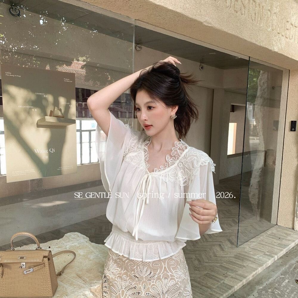 RY7814# 韩系蕾丝钩花荷叶袖雪纺衫女夏季收腰显瘦温柔风短款气质百搭衬...