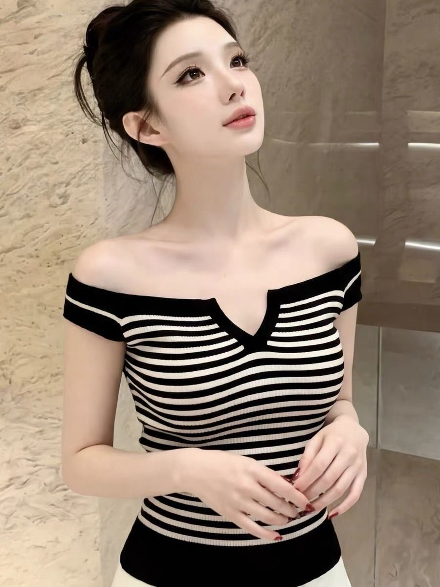 RY7816# 2026夏季新款韩系减龄设计感撞色一字肩巨好看收腰显瘦冰丝...