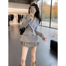 批发韩式绝美搭配一整套2026秋季漂亮灰色<b class='q'>西装</b>百褶半身裙两件套装裙<b class='q'>女</b>