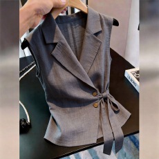 批发灰色无袖西装马甲女收腰绑带双排扣职场气质上衣洋气高端衬衫夏季