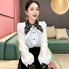 批发法式<b class='q'>长袖</b>衬衣女秋季新款韩版通勤高级白色上衣大尖领拼接蕾丝衬衣