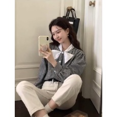 批发韩国chic秋夏复古小众<b class='q'>立领</b>蝴蝶结撞色格子设计宽松百搭长袖<b class='q'>衬衫女</b>