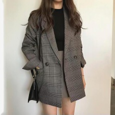 批发chic新款复古格子简约气质<b class='q'>小西装</b>两粒宽松双排韩版长袖西服外套女