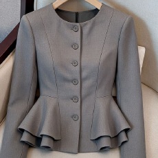 批发法式<b class='q'>设计</b>感圆领荷叶边收腰长袖上衣女早秋新款气质温柔风百搭女装